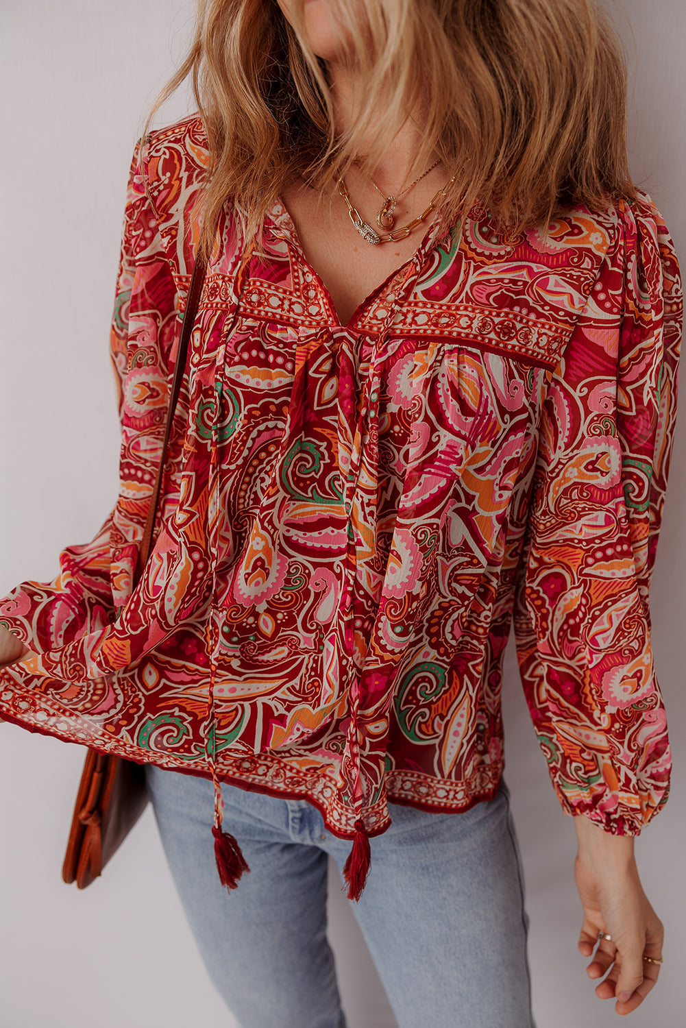 Quinn Paisley Tassel Tie Puff Sleeve Boho Blouse
