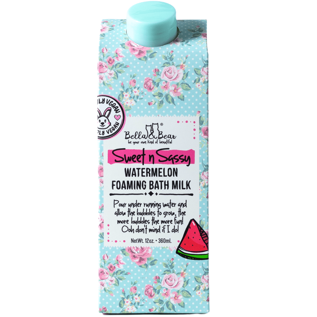 Bella and Bear Sweet n' Sassy Watermelon Gift Set with Foaming Shower Gel & Bubble Bath, Foaming Bath Milk, Body Scrub, Lip Butter & Lip Scrub