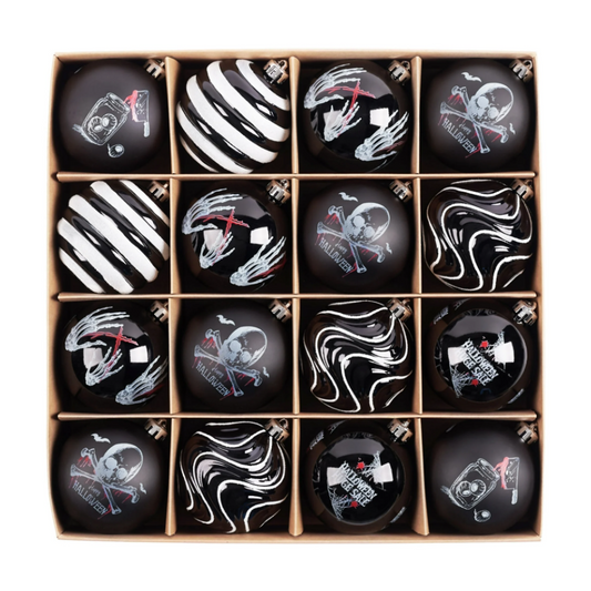 Black Gothic 16-Piece Baubles with Skulls, Skeleton Hands, Horror Prints & Striped Designs