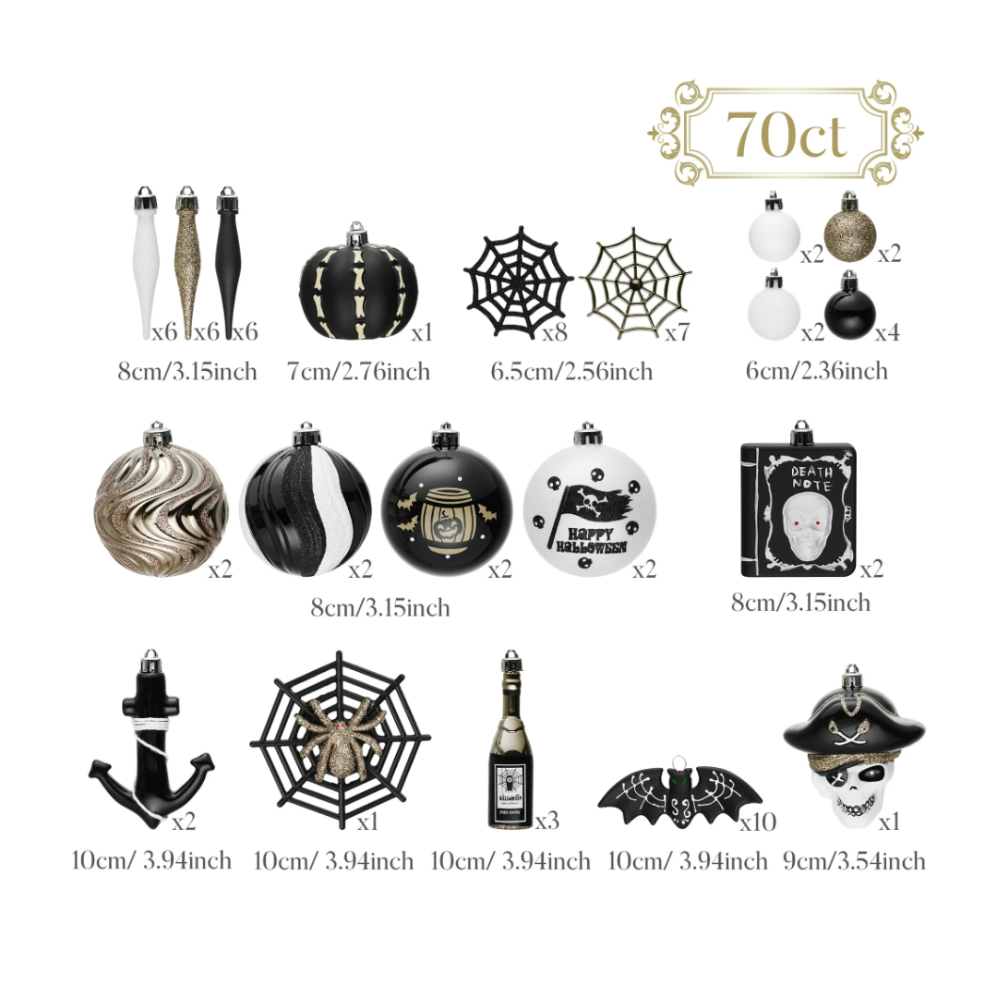 Halloween Christmas Tree Ornaments Set, 70-Piece Black & White Gothic Ornaments
