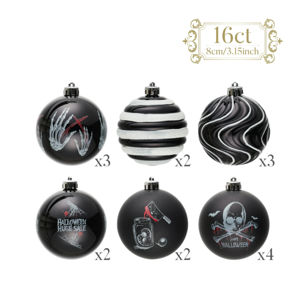 Black Gothic 16-Piece Baubles with Skulls, Skeleton Hands, Horror Prints & Striped Designs