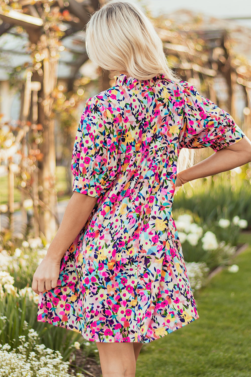 Hadlee Floral Puff Short Sleeve V Neck Mini Dress