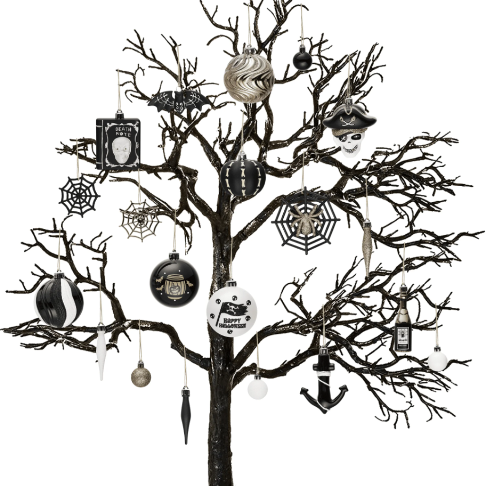 Halloween Christmas Tree Ornaments Set, 70-Piece Black & White Gothic Ornaments
