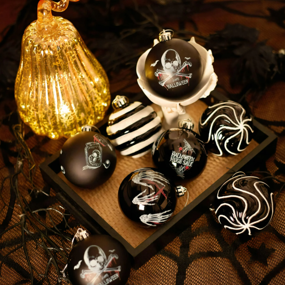 Black Gothic 16-Piece Baubles with Skulls, Skeleton Hands, Horror Prints & Striped Designs
