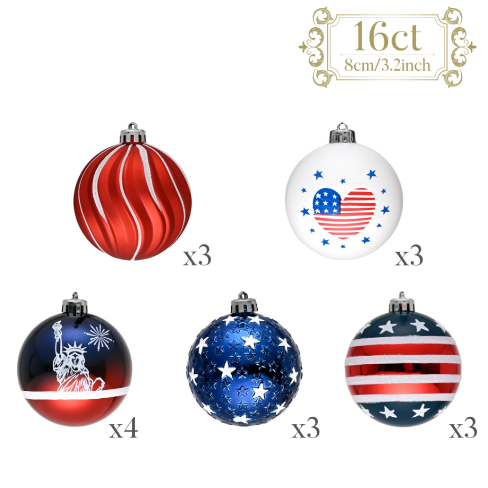 Independence Day Bauble Ornaments, 16 Piece Patriotic Tree Decor
