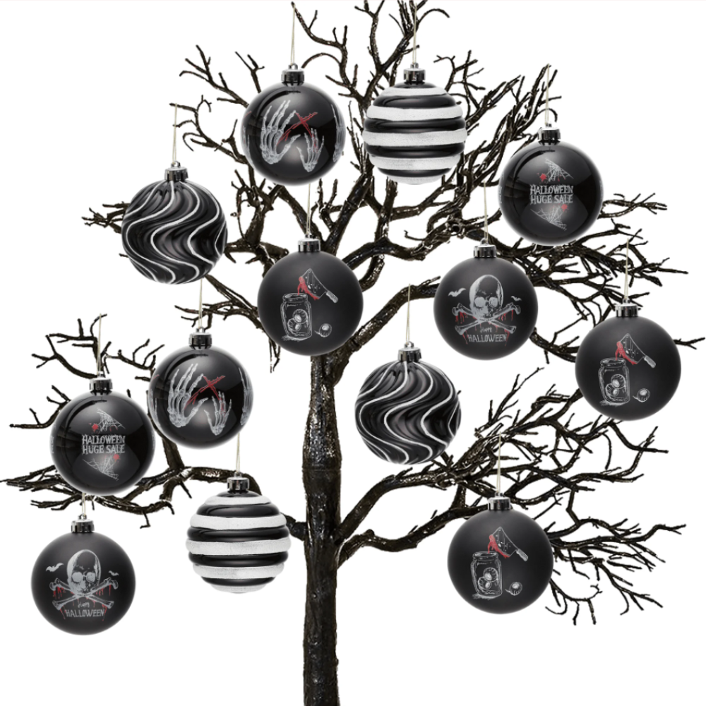 Black Gothic 16-Piece Baubles with Skulls, Skeleton Hands, Horror Prints & Striped Designs