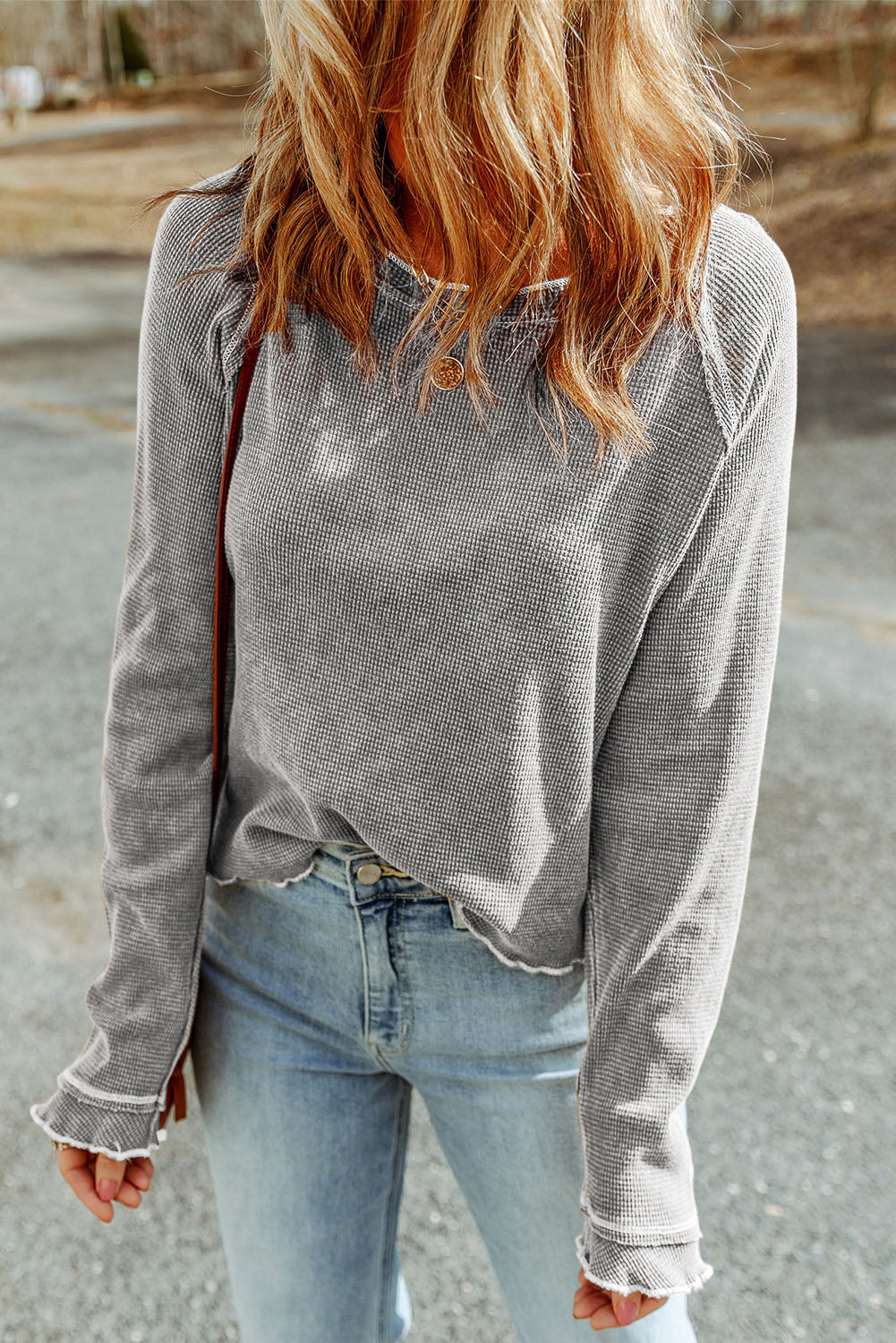 Daisy Textured Round Neck Long Sleeve Top