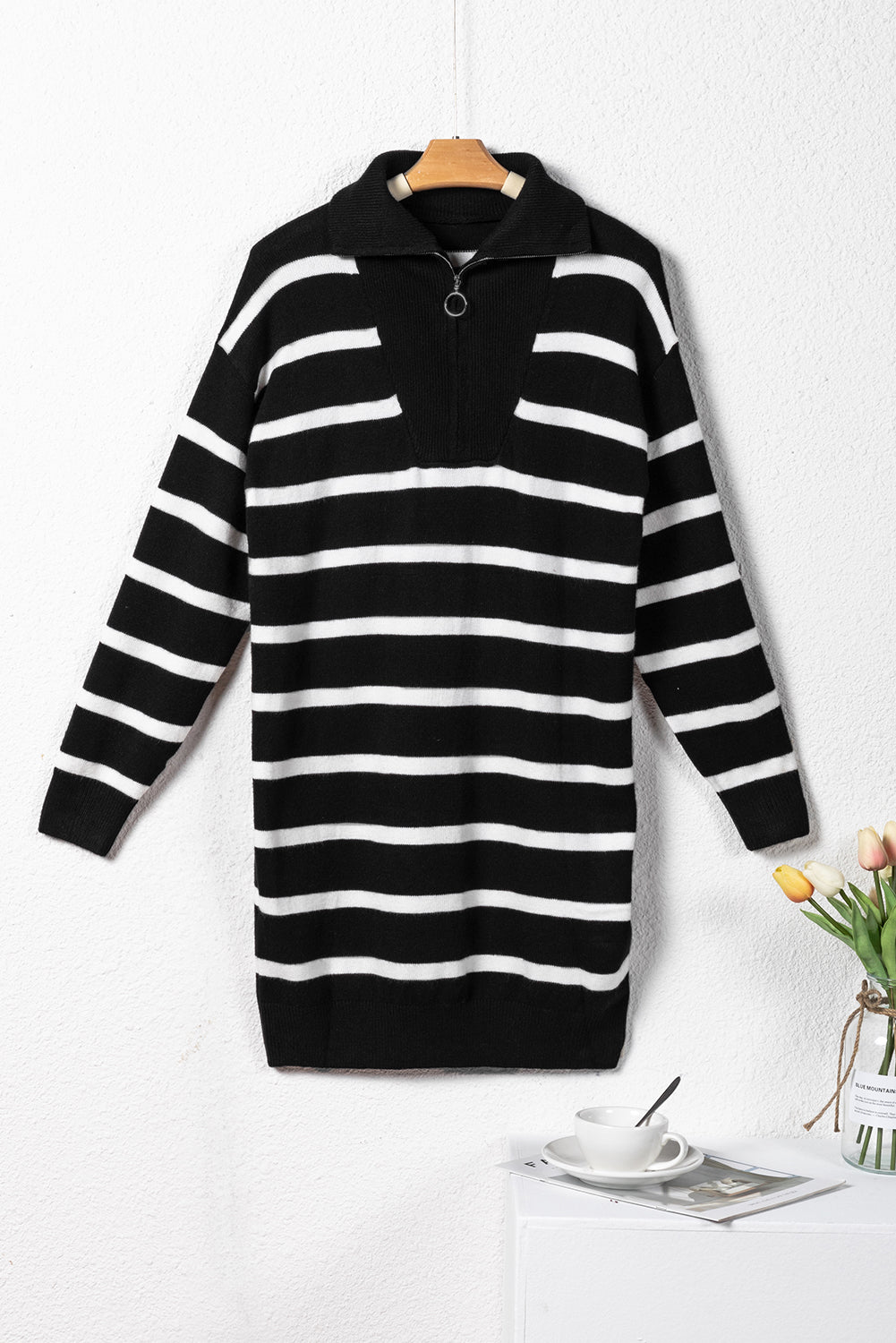 Iris Striped Zip Collared Loose Sweater Mini Dress