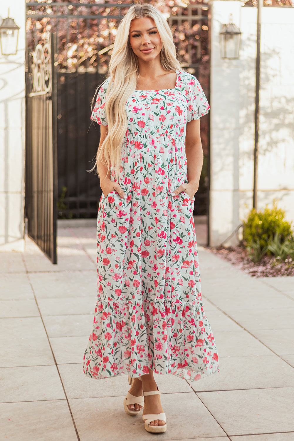 Molly Floral Square Neck Empire Waist Tiered Maxi Dress