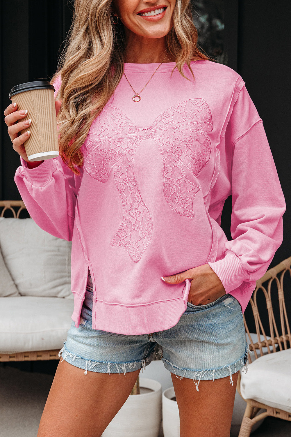Brianna Lace Bow Embroidered Exposed Seam Sweatshirt