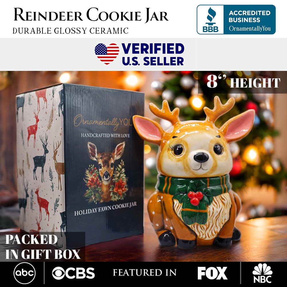 Festive Reindeer 10" Cookie Jar, Christmas Kitchen Festive Deer Decoration