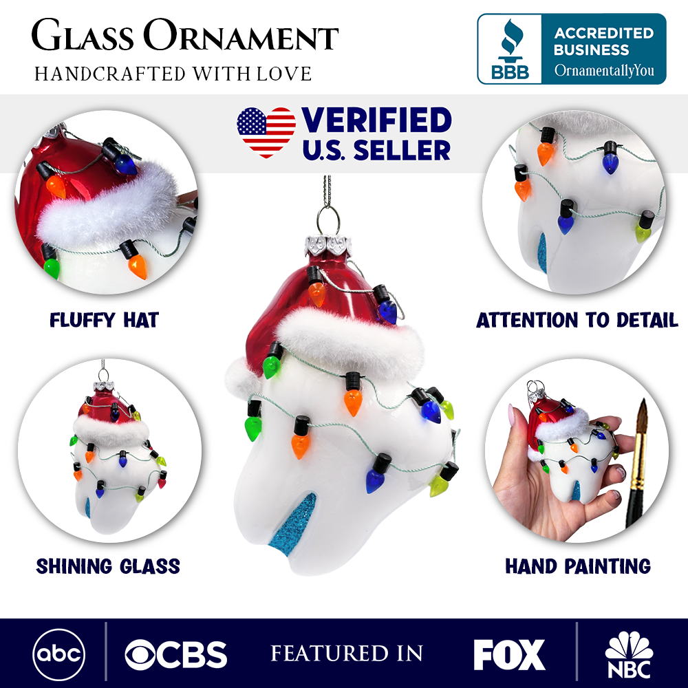 Festive Tooth Glass Christmas Ornament, Dentist Gift and Decor