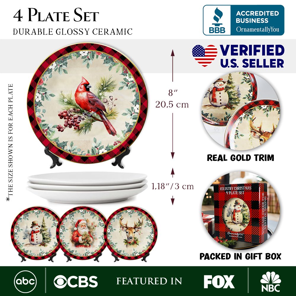 Decor Steals Special - Holiday Cheer Set of 4 Plates with Real Gold Plaid Trim, Christmas Tableware Collection for Salad, Dessert, Appetizer, and Side Plates