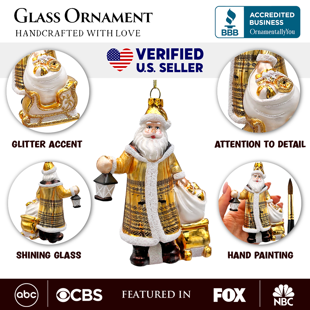 Majestic Gold Santa Blown Glass Christmas Ornament, Sleigh Accessory Tree Decor
