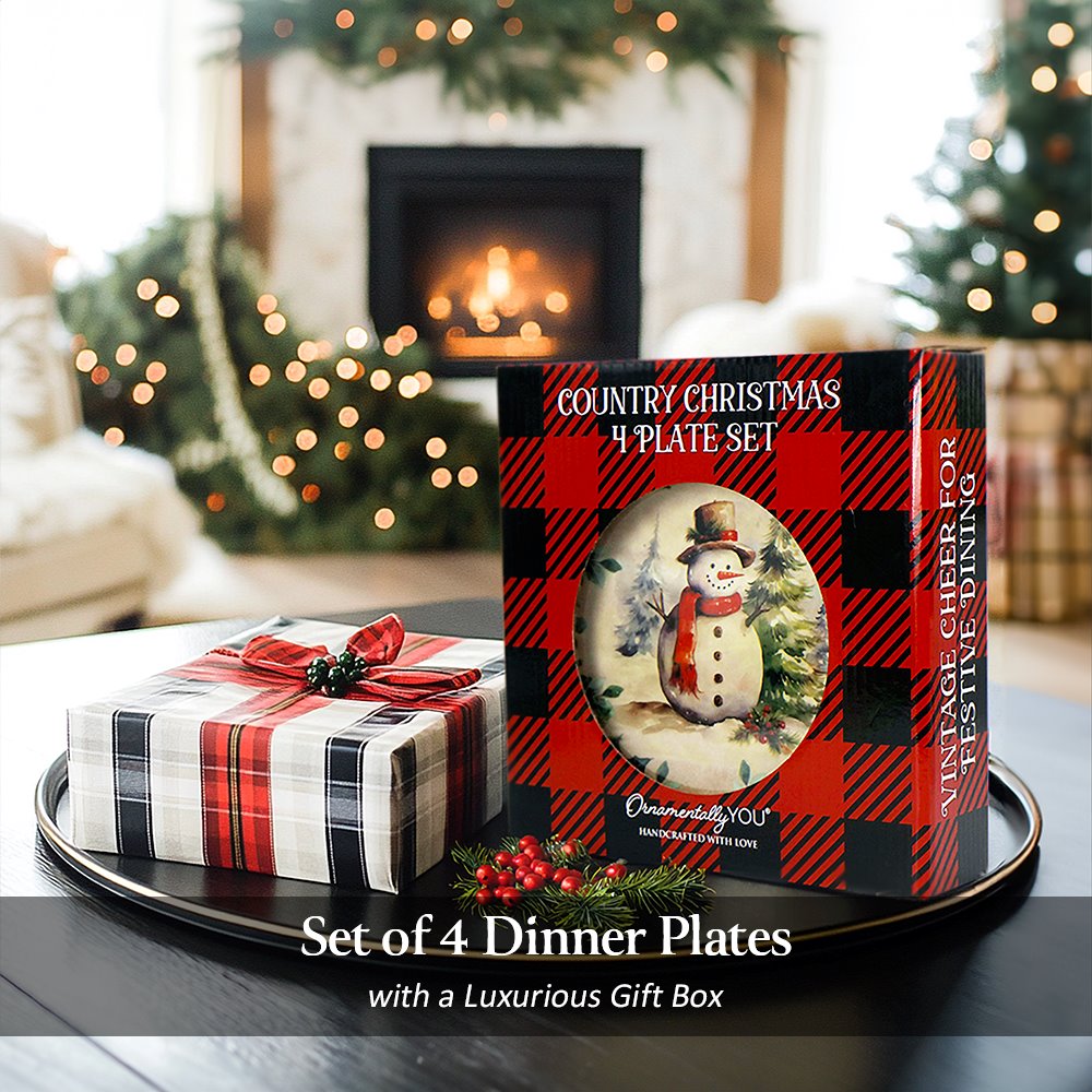 Decor Steals Special - Holiday Cheer Set of 4 Plates with Real Gold Plaid Trim, Christmas Tableware Collection for Salad, Dessert, Appetizer, and Side Plates