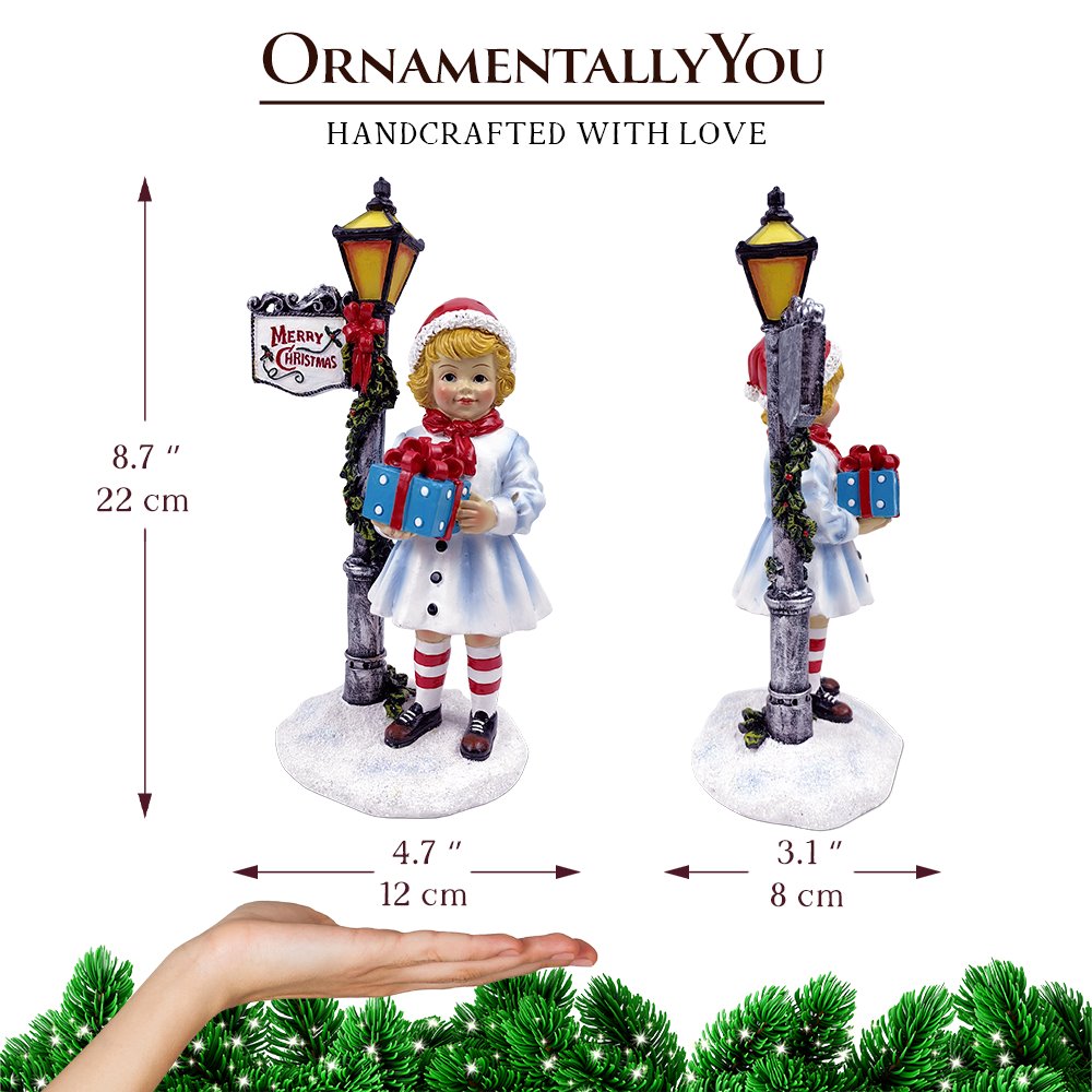 Victorian Style Christmas Girl and Street Lamp Tabletop Figurine, 8" Vintage Holiday Statue of a Gift Carrying Belle