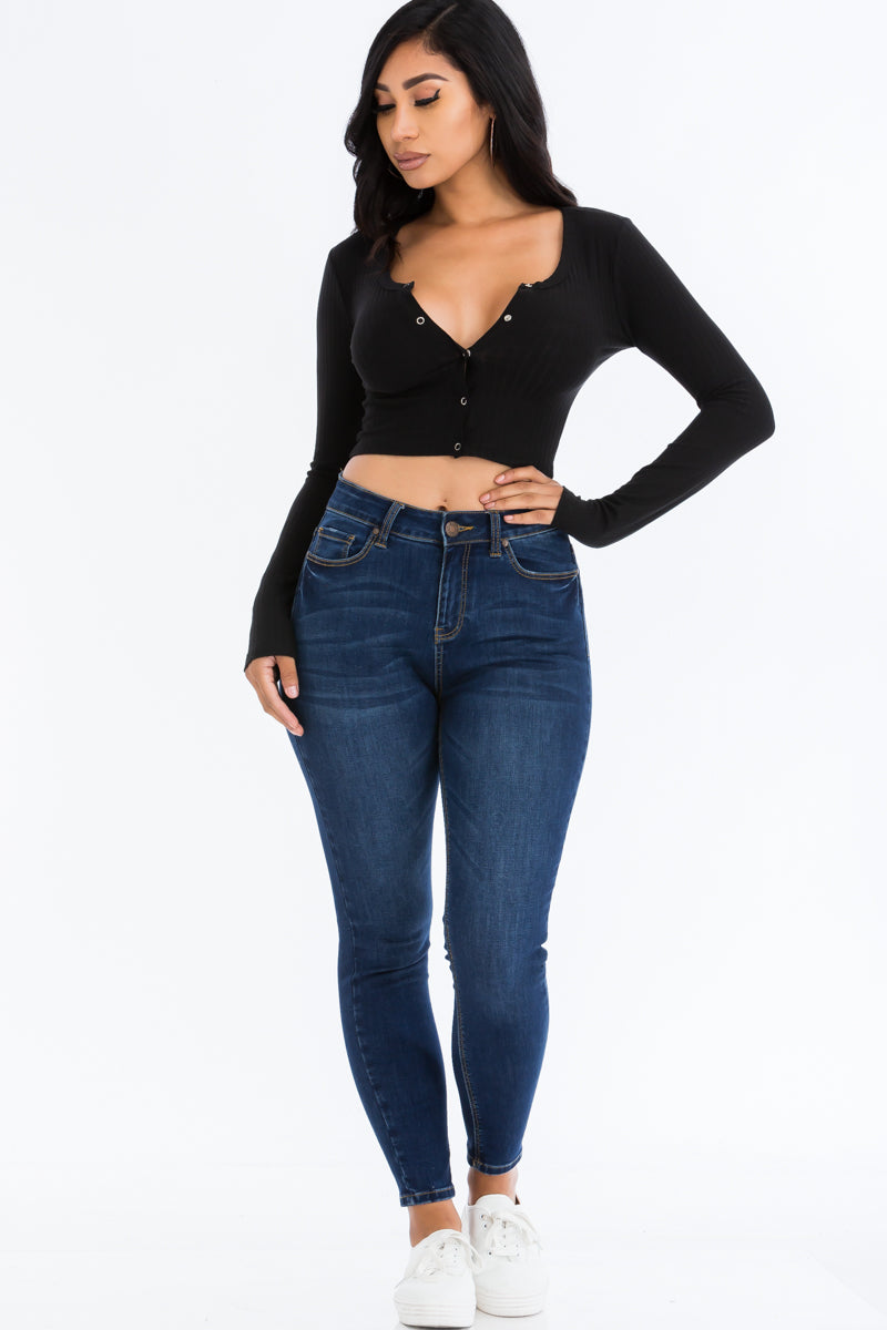 Ribbed Long Sleeve Snap Button Down Crop Top