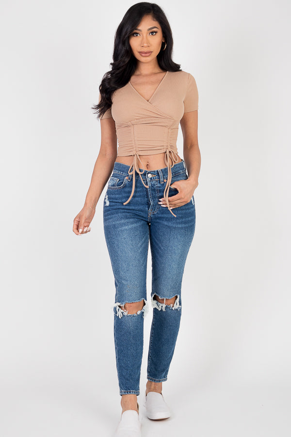 Ribbed Ruched Drawstring Surplice Top