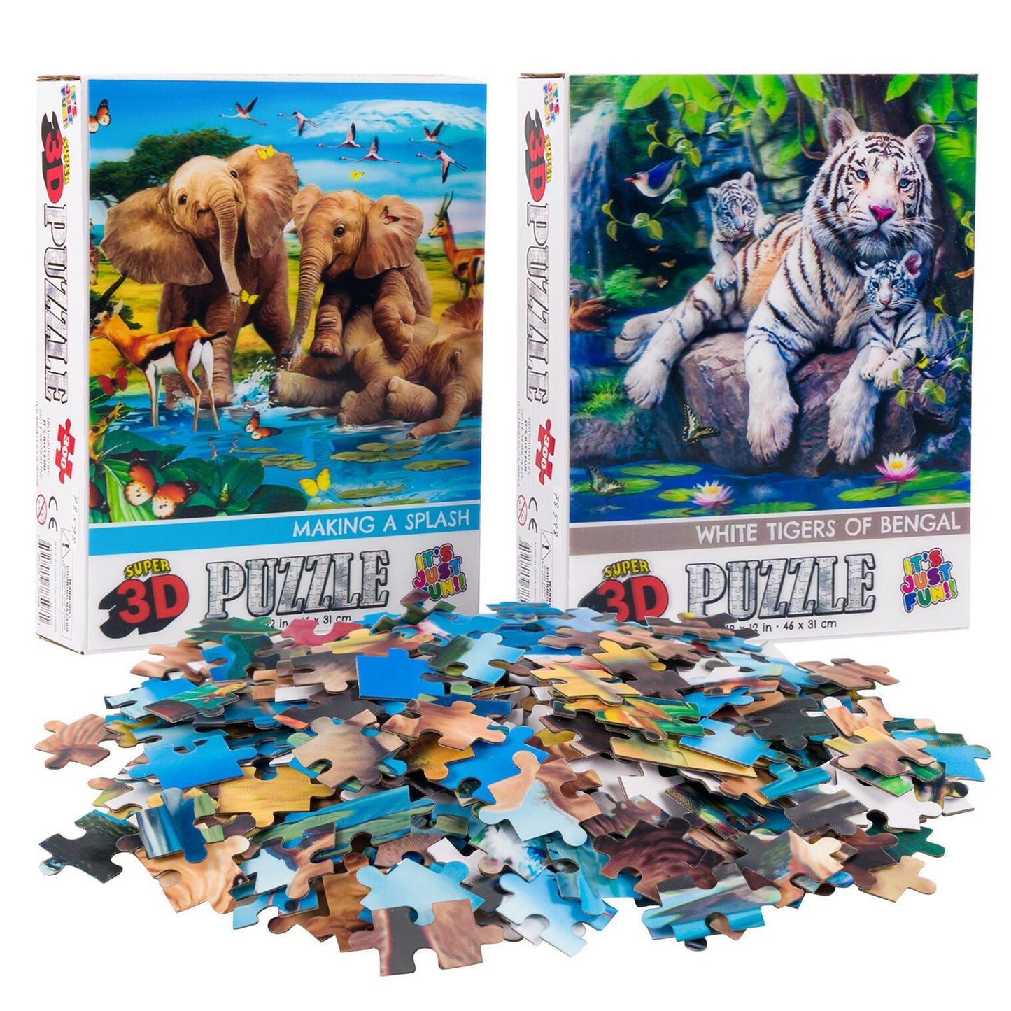 Elephants & Tigers Set of 2 300 Piece Lenticular Jigsaw Puzzles Prime 3D