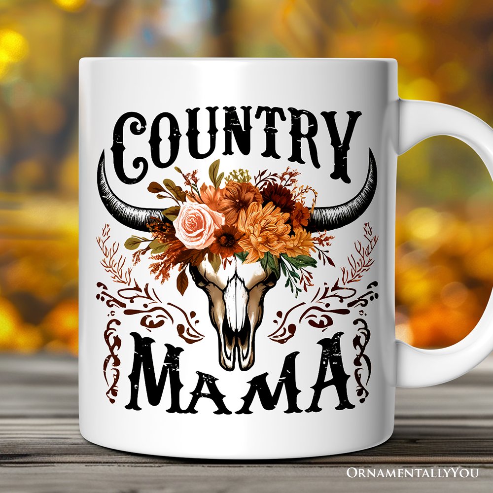Country Mama Floral Vintage Mug, Western Buffalo Skull Gift for Moms