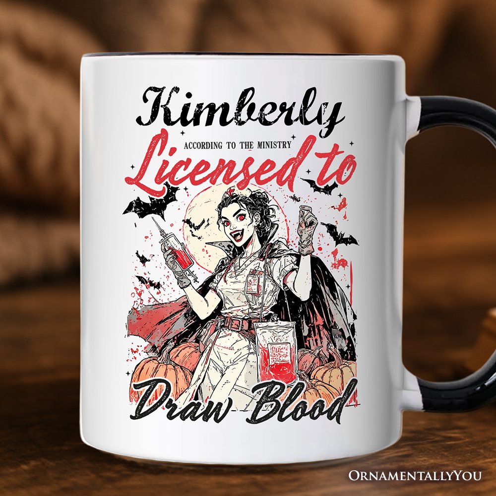 Licensed to Draw Blood Halloween Nurse Personalized Mug, Groovy Gift with Custom Name for Spooky Season