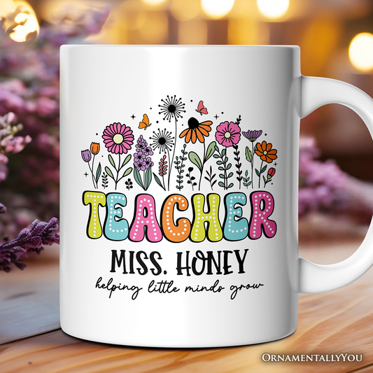 Helping Little Minds Grow Teacher Personalized Mug, Floral Appreciation Gift with Custom Name