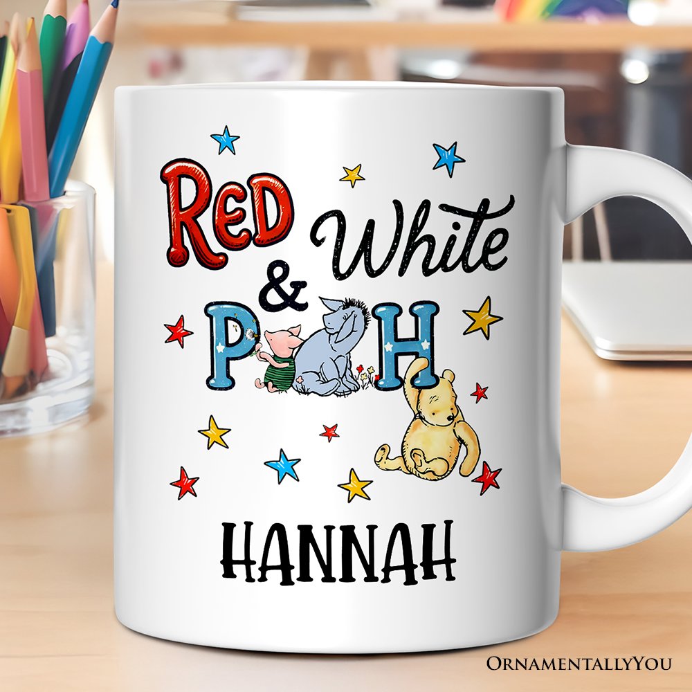 Patriotic 4th of July Red White & Proud Personalized Mug, Cute Bear USA Stars Gift with Custom Name