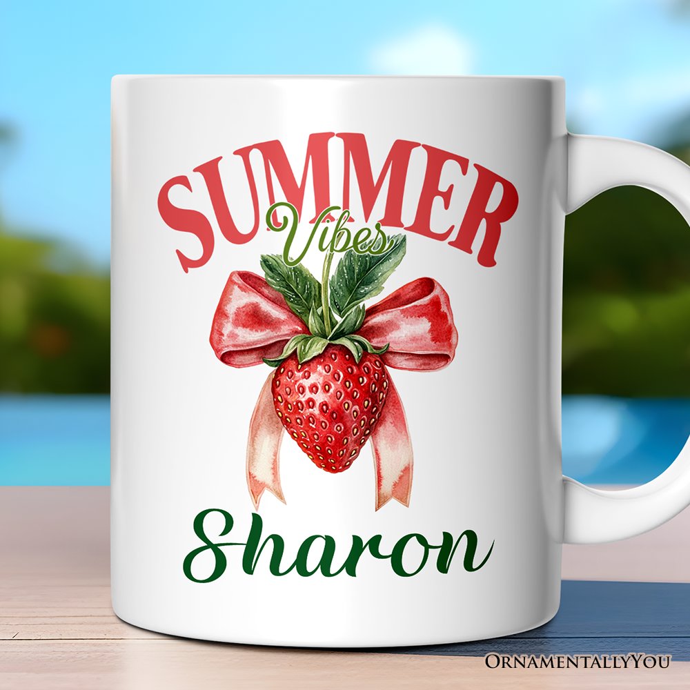 Summer Vibes Strawberry Personalized Mug, White, Seasonal Coquette Gift with Custom Name