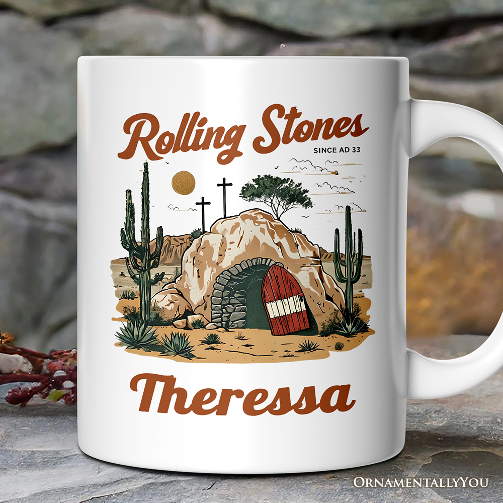 Rolling Stones Christian Personalized Mug, He is Risen Easter Gift with Custom Name