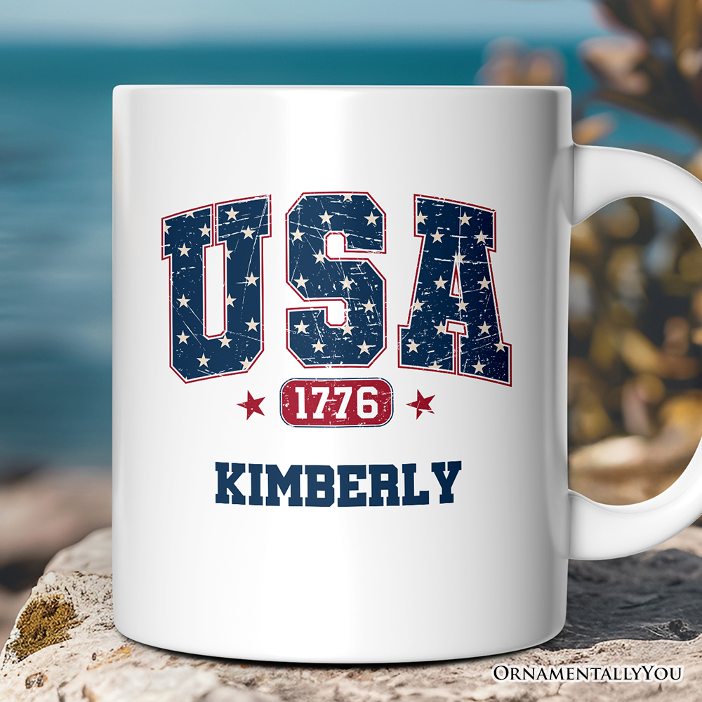 USA 1776 Stars Personalized Mug, Bold Patriotic Gift with Custom Name