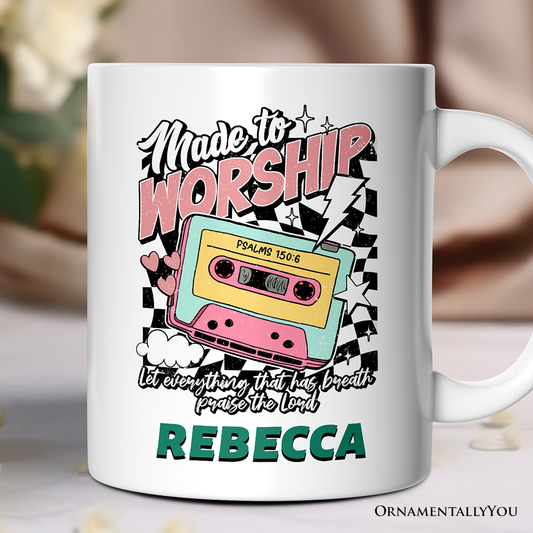 Made to Worship Christian Retro Personalized Mug, Psalm 150:6 Bible Verse Gift with Custom Name