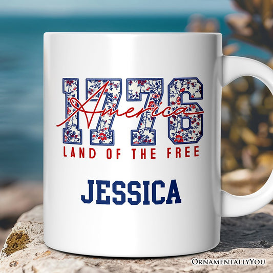 Retro America 1776 Floral Personalized Mug, Land of the Free Patriotic Gift with Custom Name