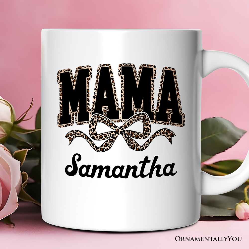 Coquette Leopard Mama Personalized Mug, Retro Bow Varsity Gift with Custom Name
