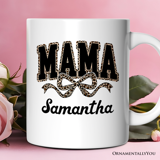 Coquette Leopard Mama Personalized Mug, Retro Bow Varsity Gift with Custom Name