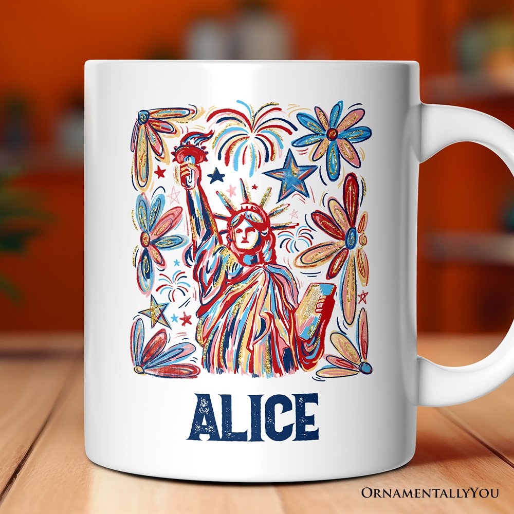 Patriotic Statue of Liberty and Fireworks Personalized Mug, Festive 4th of July Gift with Custom Name