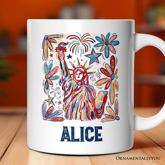 Patriotic Statue of Liberty and Fireworks Personalized Mug, Festive 4th of July Gift with Custom Name
