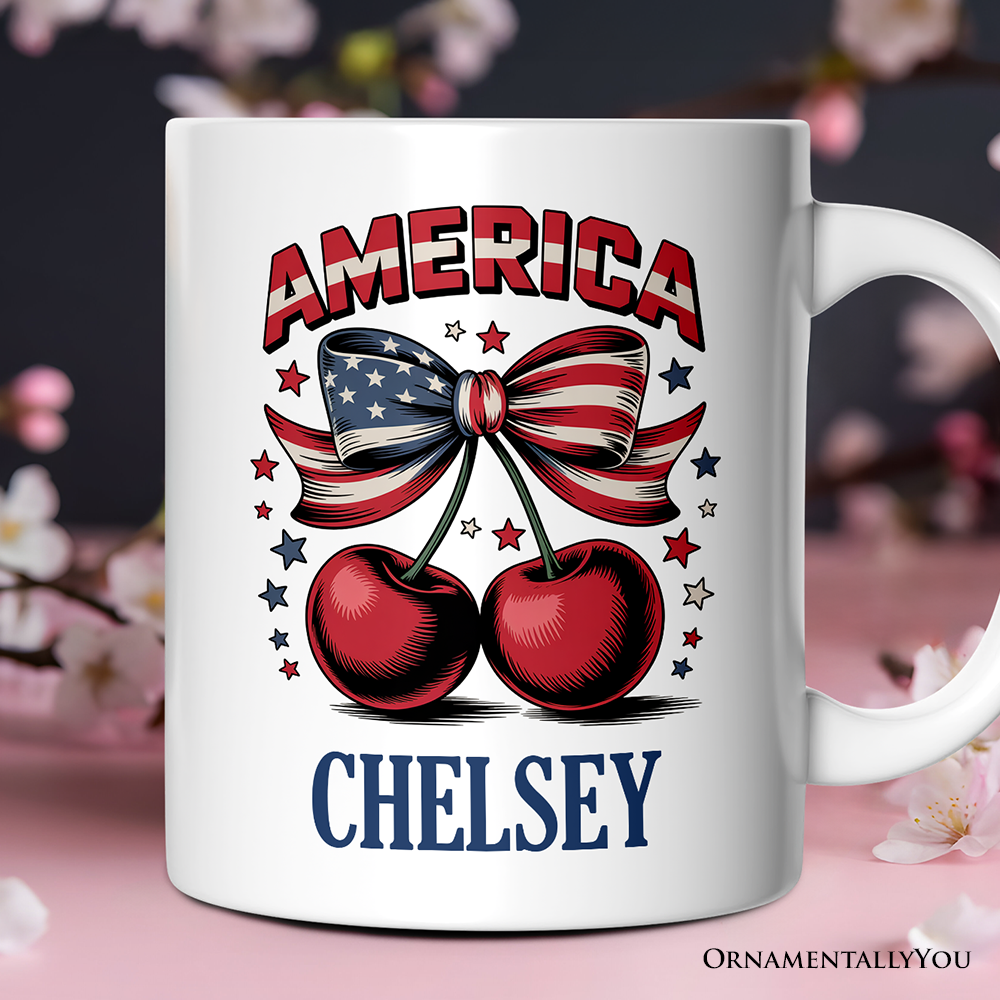 America Coquette Cherries Personalized Mug, Patriotic 4th of July Gift with Custom Name