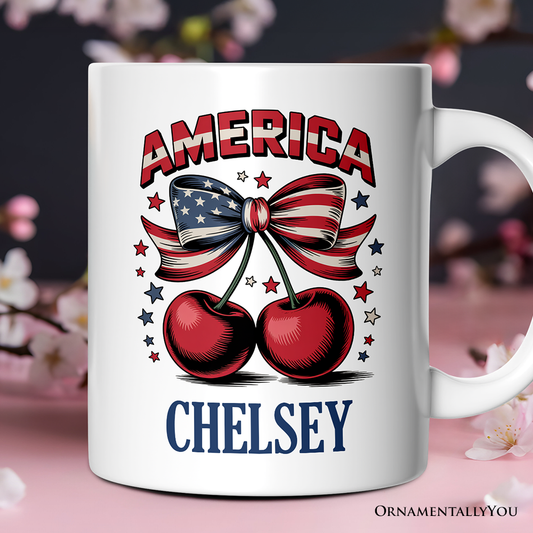 America Coquette Cherries Personalized Mug,  Patriotic 4th of July Gift with Custom Name
