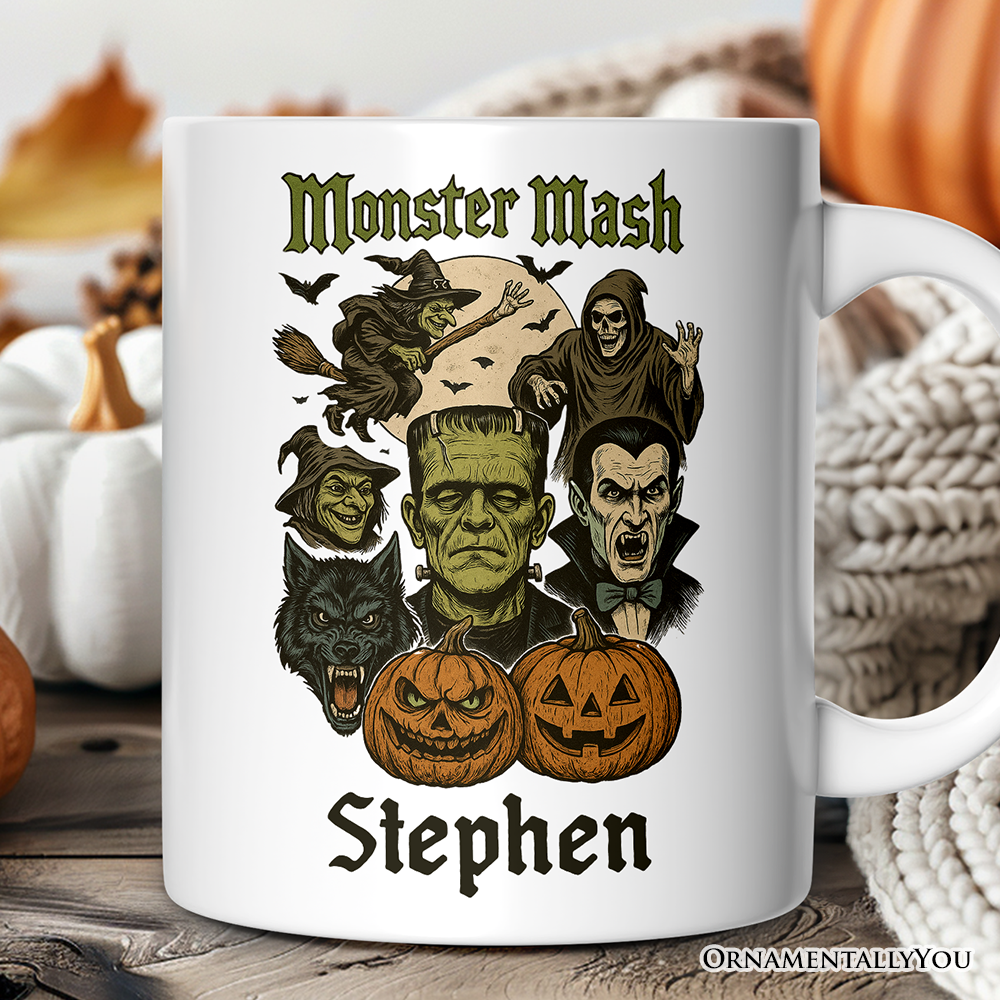 Monster Mash Classic Personalized Mug, Halloween Spooky Monsters Gift with Custom Name