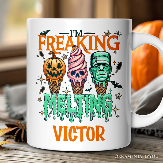 I’m Freaking Melting Frankenstein Personalized Mug, Funny Ice Cream Halloween Gift with Custom Name for Summer Spooky Season