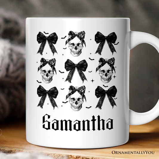 Coquette Skulls and Bows Personalized Mug, Gothic & Stylish Halloween Gift with Custom Name