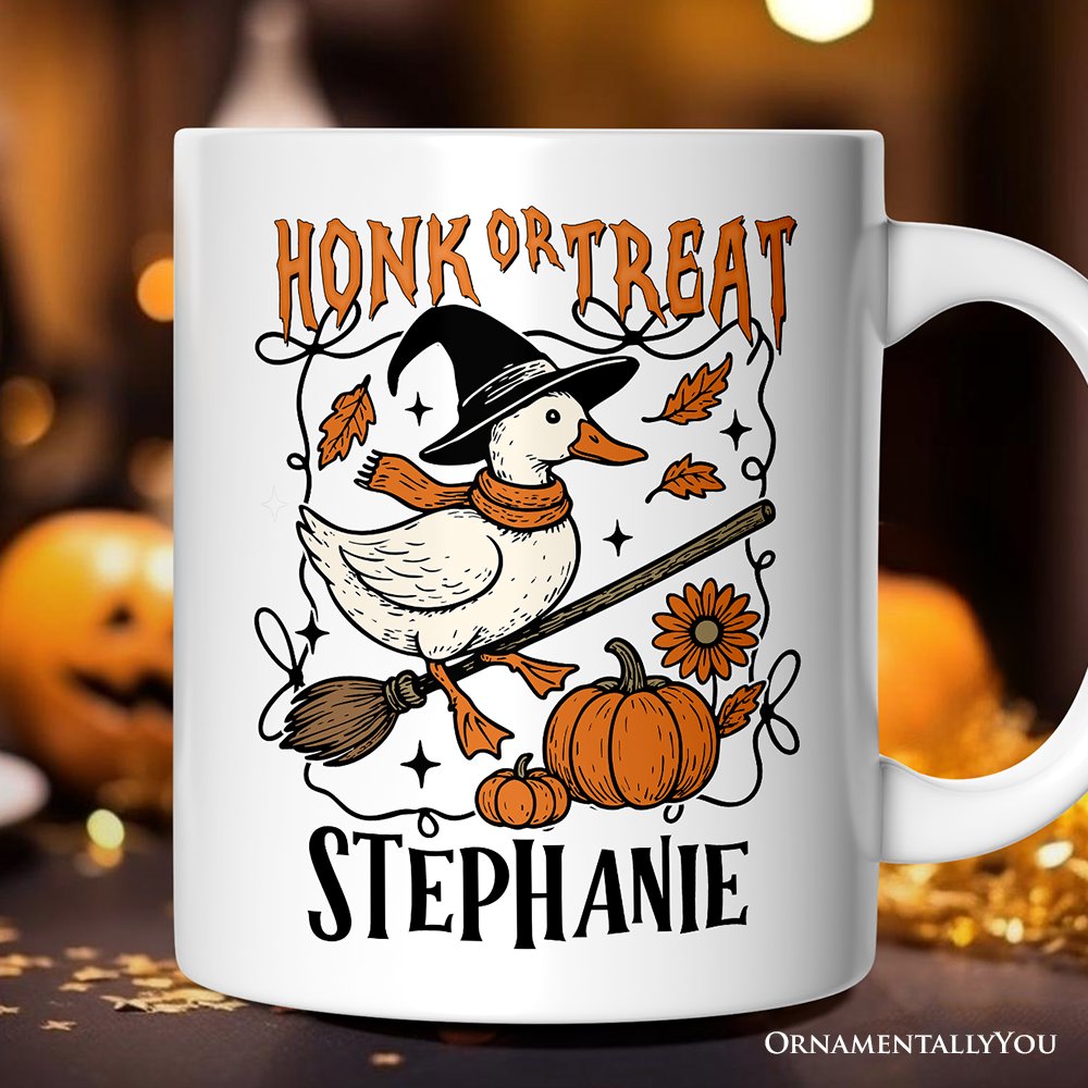Honk or Treat Goose Personalized Mug, Hilarious Halloween Gift with Custom Name