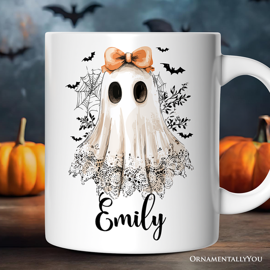Coquette Ghost Personalized Mug, Cute Halloween Gift with Custom Name