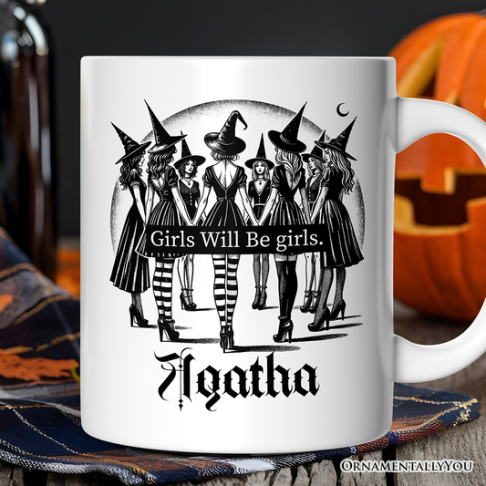 Girls Will Be Girls Personalized Mug, Witchy Halloween Gift with Custom Name for Empowered Women