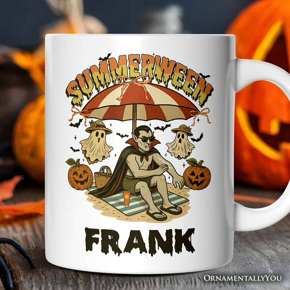 Summerween Vampire Dracula Personalized Mug, Retro Halloween Beach Gift with Custom Name for Horror Spooky Summer Season