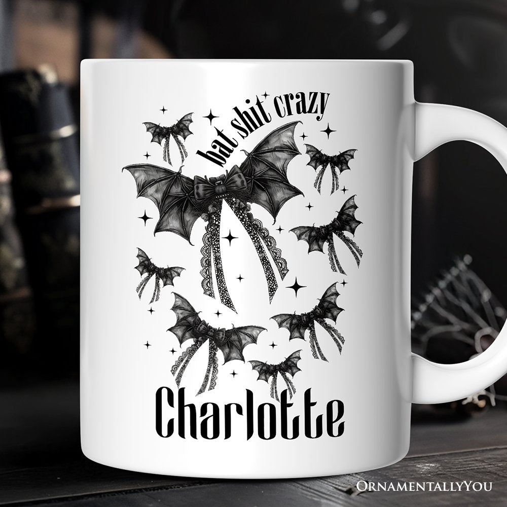 Bat Shit Crazy Coquette Bats Personalized Mug, Funny Halloween Gift with Custom Name