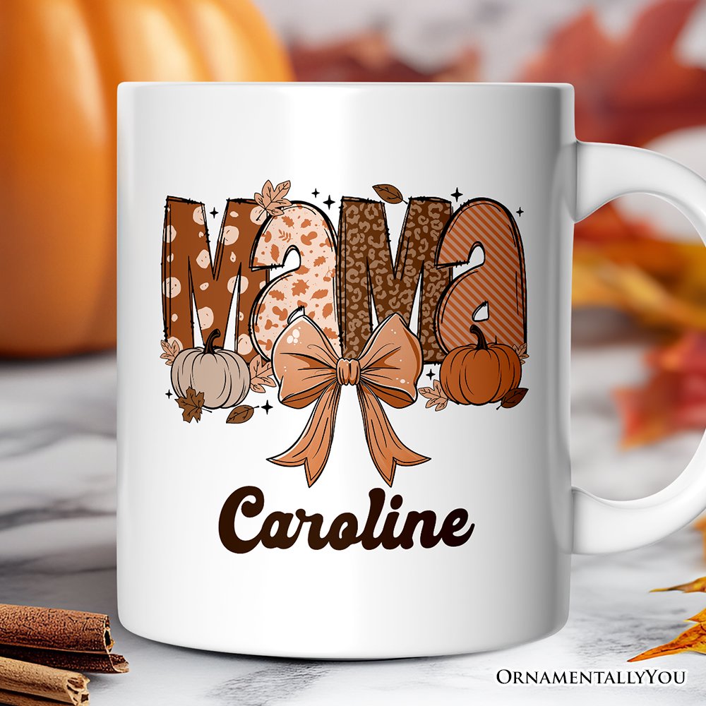 Mama Coquette Autumn Personalized Mug, Cozy Fall Pumpkins Gift for Mothers with Custom Name