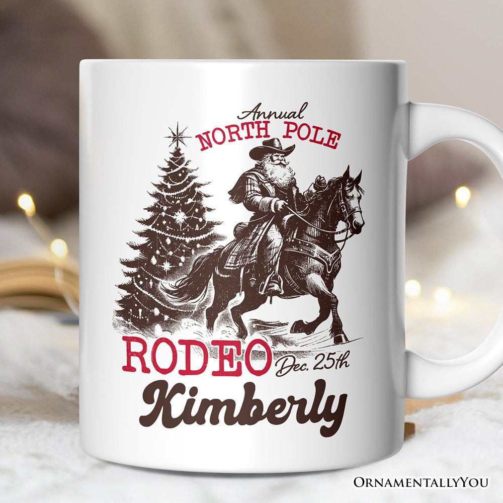 Annual North Pole Rodeo Personalized Mug, Funny Cowboy Santa Christmas Gift with Custom Name