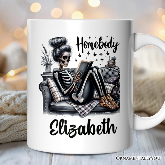 Homebody Reading Skeleton Personalized Mug, Funny Lazy Selfcare Gift with Custom Name