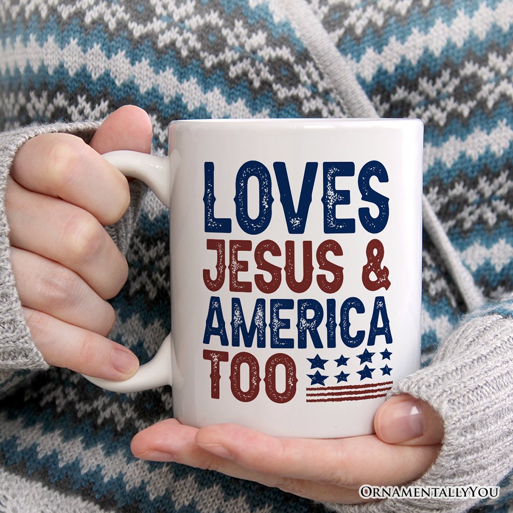 Loves Jesus and America Too Personalized Mug, Patriotic Gift for Proud Americans with Custom Name